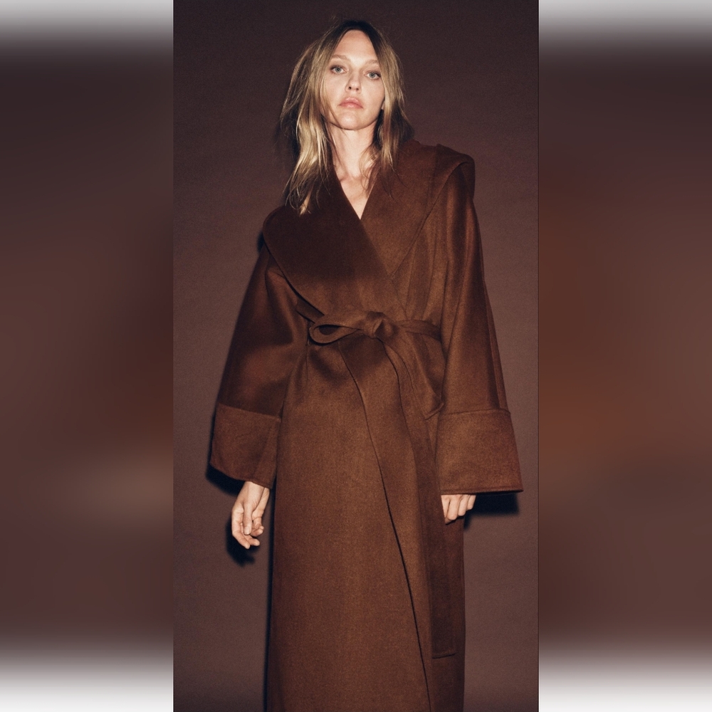 ZARA LIMITED EDITION ZW WOOL BLEND COLLECTION BROWN LONG BELTED WOOL COAT ✨️✨️✨️